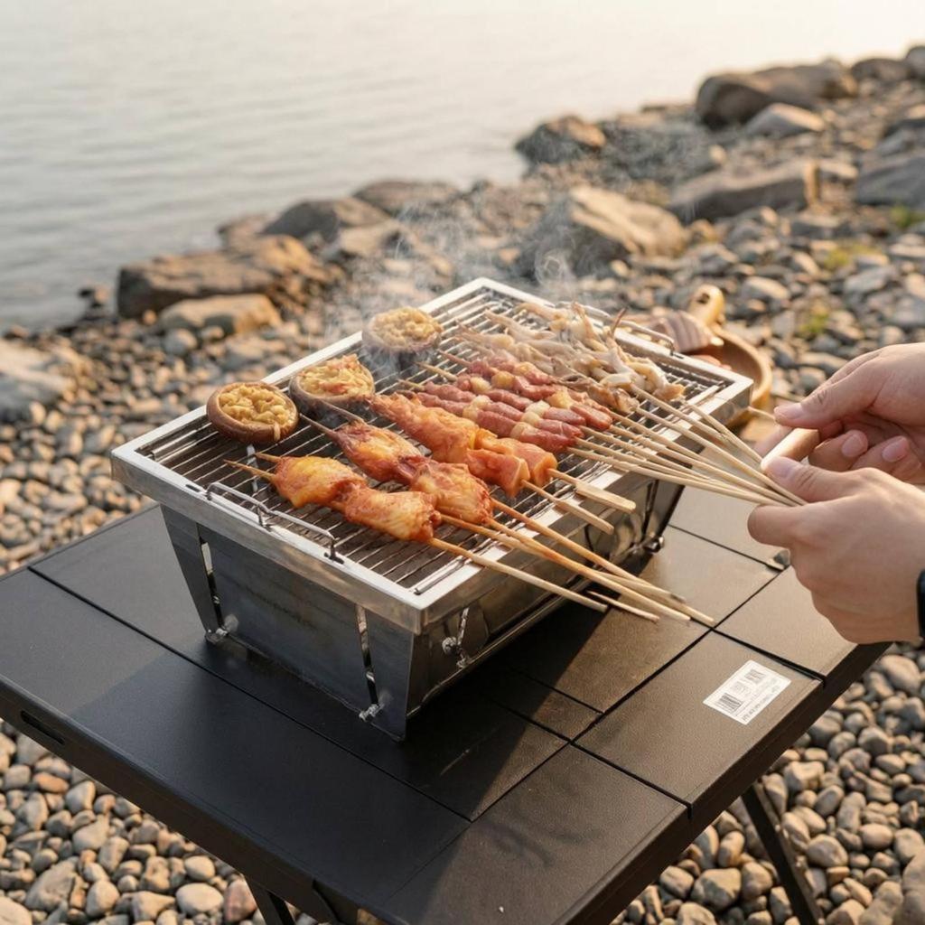 Folding Coal Grill Compact Stainless Steel Easy To Set Up for Outdoor Meal