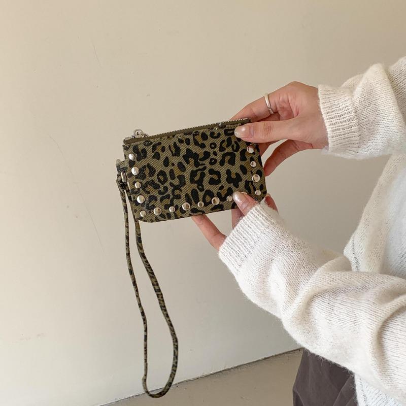 Neck-hanging mini square bag, rivet waist, canvas, leopard print bag, autumn and winter suede lipstick, change bag, women