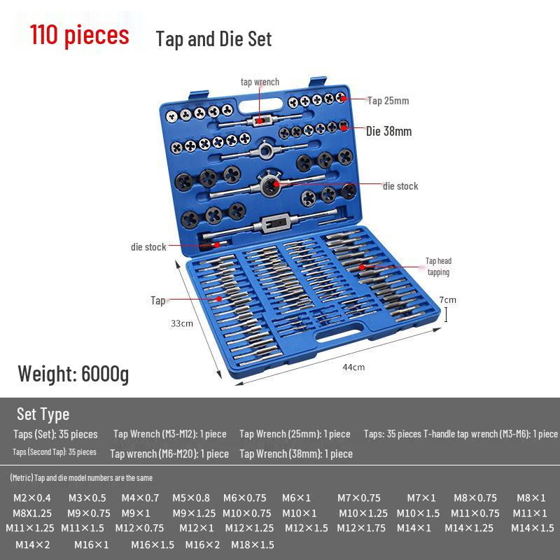Набор метрических метчиков и плашек из легированной стали с ключом и подставкой для крутильных головок