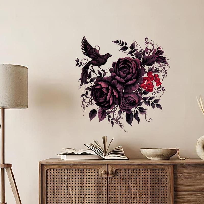 Purple Black Peony Flower Bird Wall Sticker Self Adhesive Removable Decal for Bedroom Living Room Home Decor Vinyl Art Mural