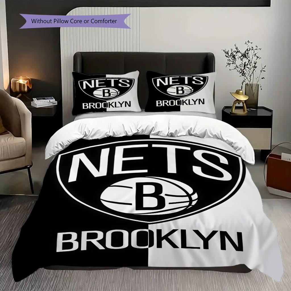 Brooklyn Nets Stars Stripes Basketball Spirit Bettwäsche(1 Bettbezug + 2 Kissenbezüge, ohne Füllung)Weihnachts-Geburtstagsgeschenk Weich und bequem