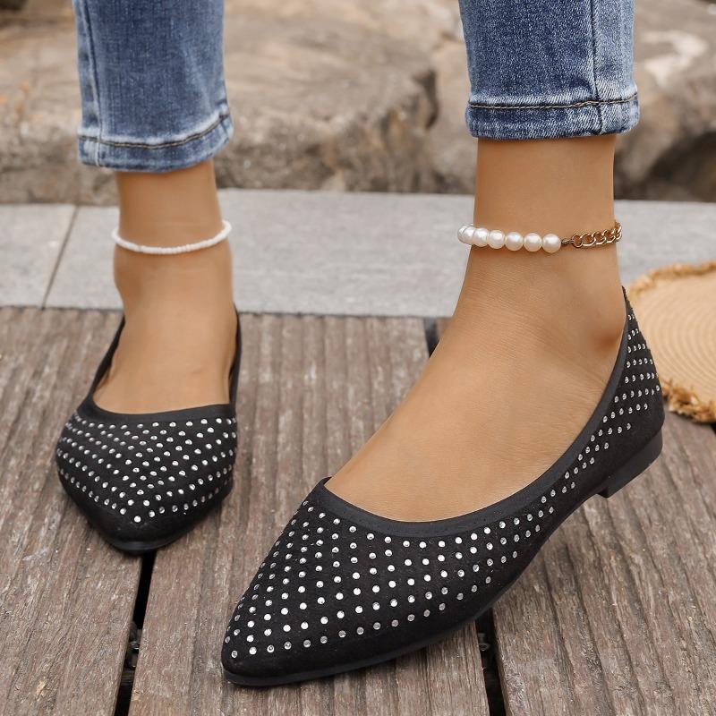 Fashion Low Heel Single Shoes New Fashion Pointed Toe Shallow Slip Rhinestone Soft Sole Anti-slip Wear-resistant Low Top Shoes