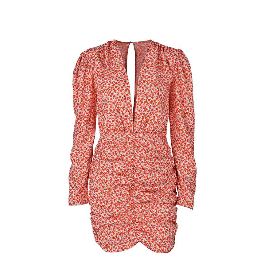 Spring/summer new French vintage floral deep V pleated long-sleeve dress with a stylish design and temperament