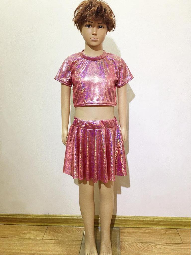 Top Scurt Copii Strălucitor cu Paiete - Mânecă Scurtă Decupat Elastic