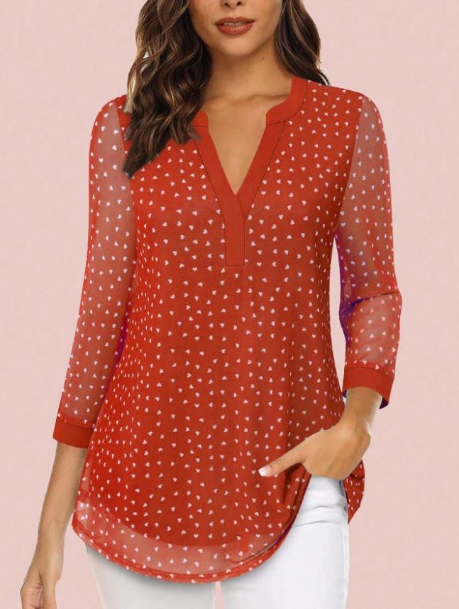 Women's European & American V-neck 3/4 Sleeve Printed Chiffon Loose Plus Size Top