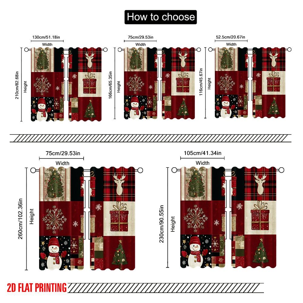 2pcs,2D Plane Printing Curtain Popular Christmas Patchwork Durable Polyester (without Rod) Gifts for Bedroom, Kitchen, Office &