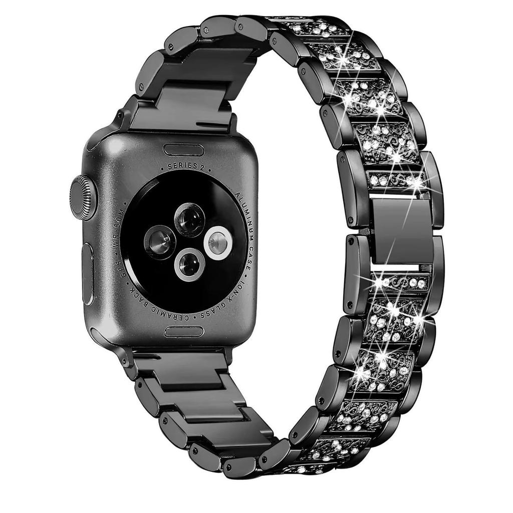 Compatible with Apple Watch 9/8/7: Luxury Women's Three-Bead Full Diamond Metal Strap