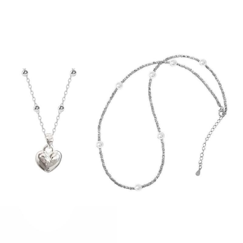 Fashion Heart Pendant Necklace Silver Color Bead Layered Necklace Temperament Clavicle Chain Necklace Choker Jewelry