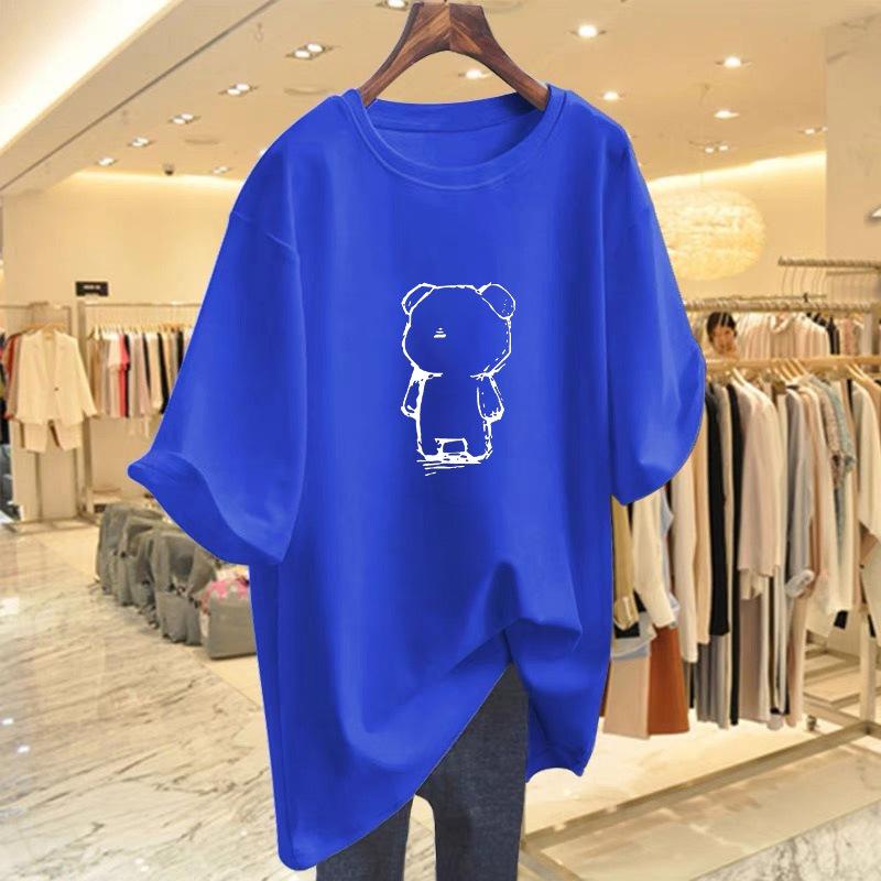 White medium and long bear print T-shirt women's summer 2025 new butt cover large size loose long t-shirt