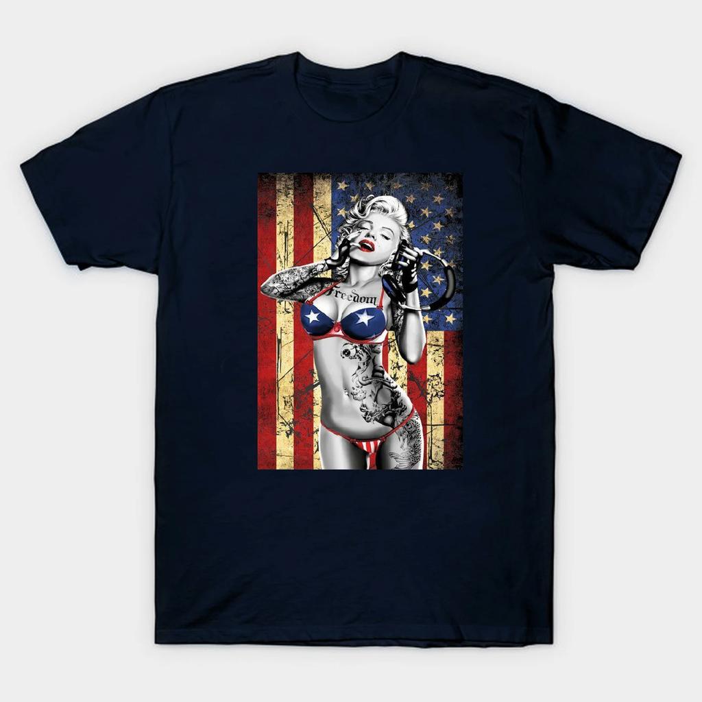 Freedom US Flag DJ Music Gangsta Sexy Tattoos Marilyn Monroe T-Shirt. Summer Cotton Short Sleeve O-Neck Mens T Shirt New S-3XL