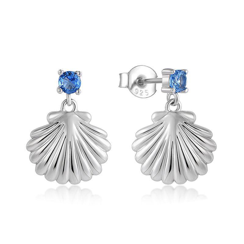 S925 Sterling Silver Shell Blue Cubic Zirconia Stud Earrings for Women, Summer Fresh, Three-Dimensional Design 925 Silver