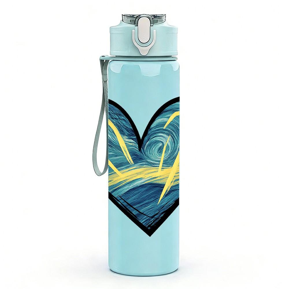 1PC Blue Wave Heart Line Art 750ml Color Plastic Sports Water Bottle Leakproof Flip Straw Lid Suitable for Sports Office Home Use