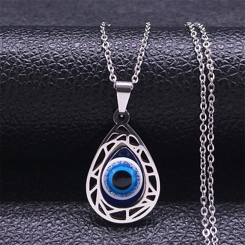 Turkish Evil Eye Necklace Stainless Steel Silver Color Blue Lucky Eyes Water Drop Necklaces Jewelry Collier Femme N8366S01