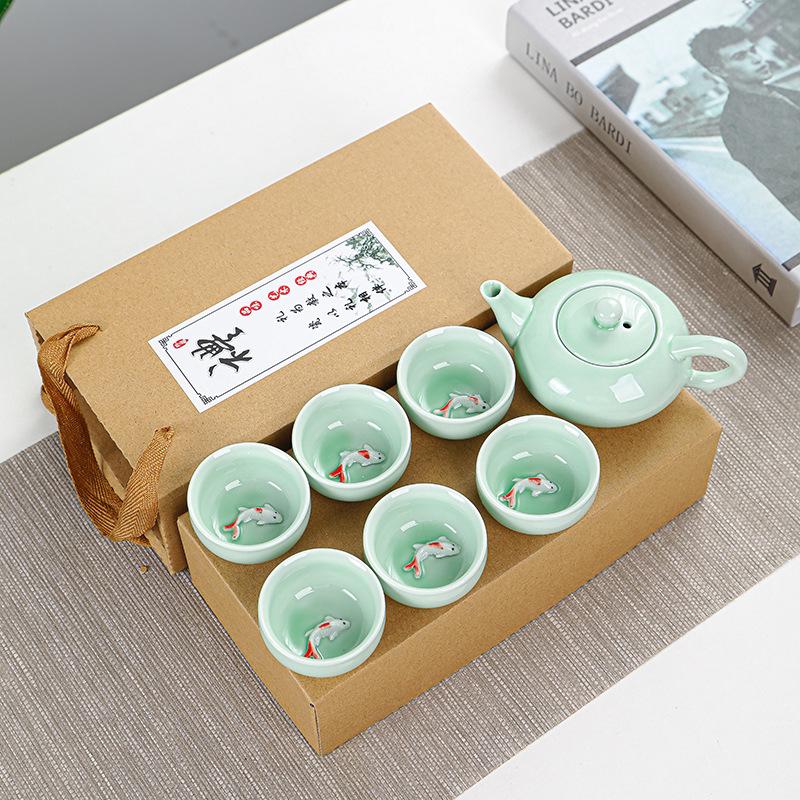 Portable Travel Tea Set, Celadon Fish Set, Wedding and Opening Real Estate Souvenir Gift