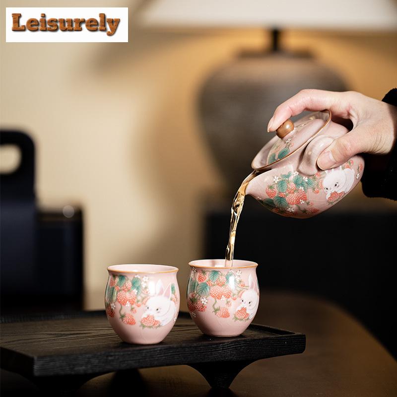Strawberry Rabbit Ru Kiln Porcelain Tea Set Kit Handmade 1 Pot 2 Cups Tea Making Portable Travel Tea Set Organizer Tableware
