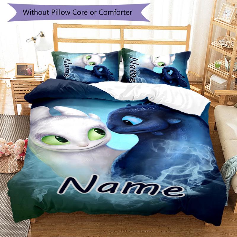 3pcs Toothless Cover Set - Personalized Name, HD Printed Bedding with 1 Cover and 2 Pillowcases - Perfect for Home Decor, Easy Care