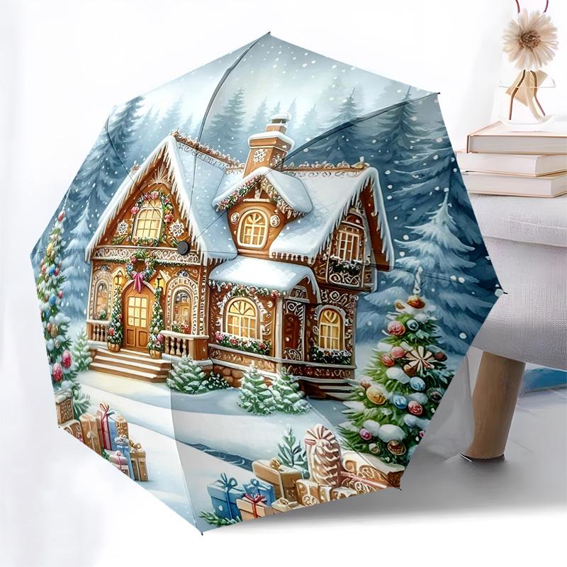 

1pc Gingerbread House Christmas Tree with Presents, Automatic Opening Umbrella, Portable 3-Fold Design, 8-Bone Iron Frame Outdoor Umbrella, Festive Gi