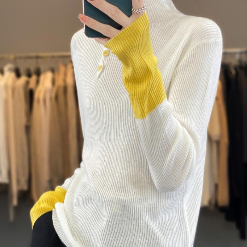 IHUASU Half Open Turtleneck Jumper Women's Autumn and Winter Design Sense of Colour Blocking Wool Knitted Bottoming Shirt