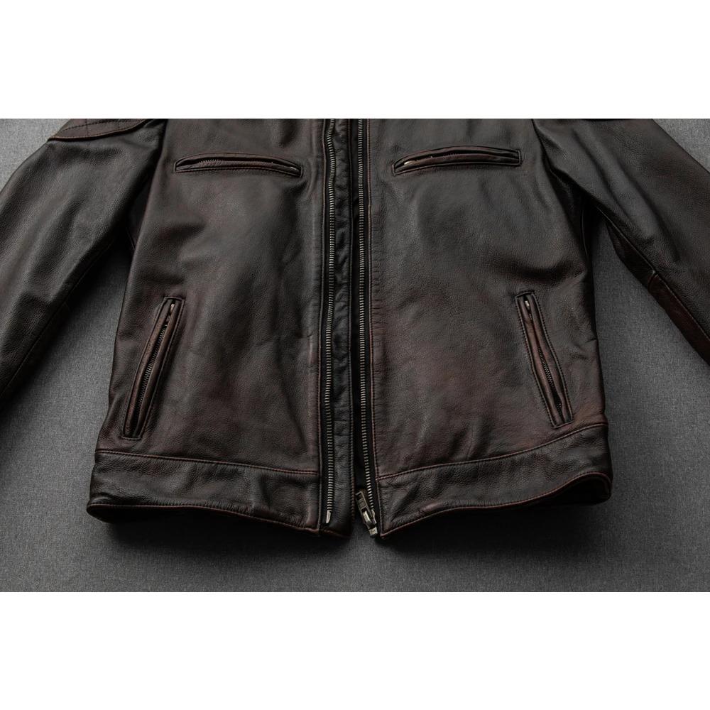 Giacca da motociclista in vera pelle da uomo vintage di taglia cinese, in pelle di mucca naturale, cappotto maschile autunnale