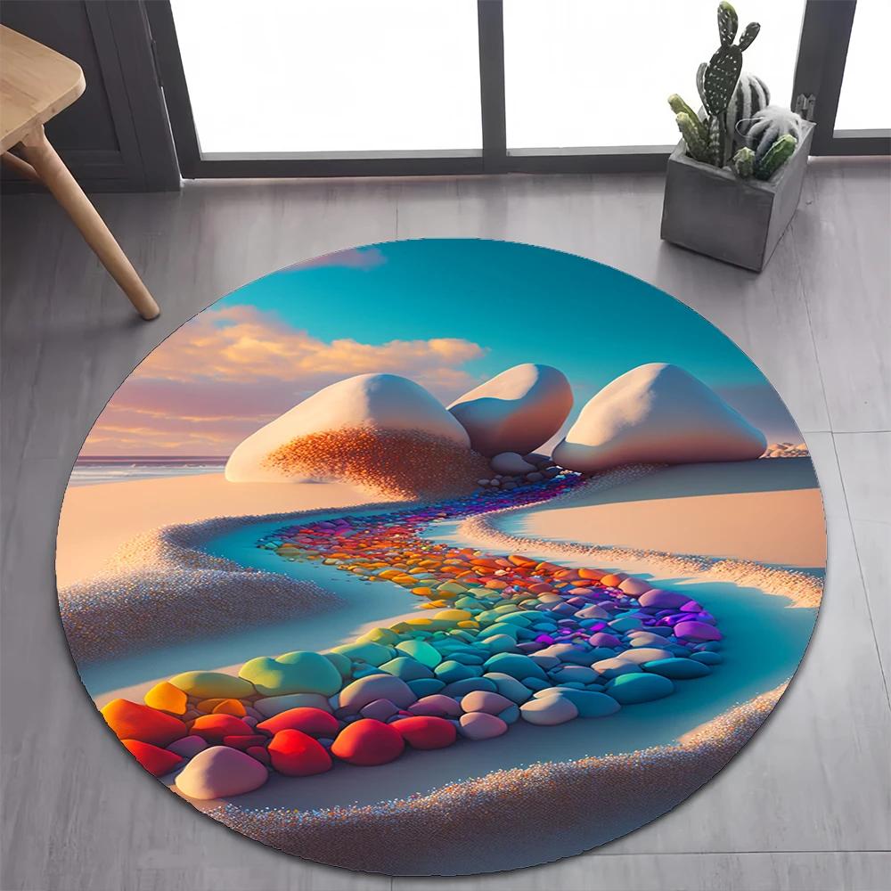 2025 New Style Colorful Pebble Rainbow Road Beach Stone Round Carpet Rug for Bedroom Living Room Decoration,pet Decor Floor Mat