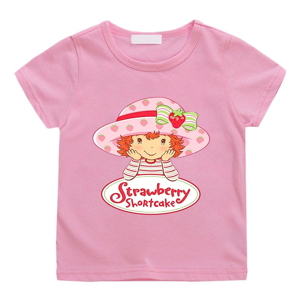Cute Strawberry Shortcake T-Shirt for Children Retro Cartoon Print Tees Cotton 100% Short Sleeved Casual O-Neck Kids Tops Summer