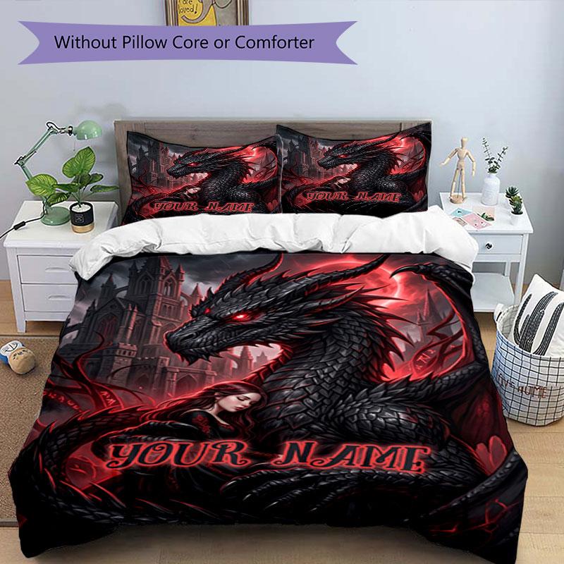 3PC Custom Name Dragon's Dark Embrace Bedding Set Duvet Cover Closure Includes 1 Duvet Cover & 2 Pillowcases for Bedroom