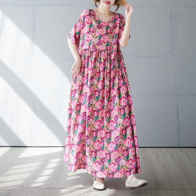 Women's Simple and Fashionable Long Skirt Summer Short Sleeved Round Neck Printed Dress