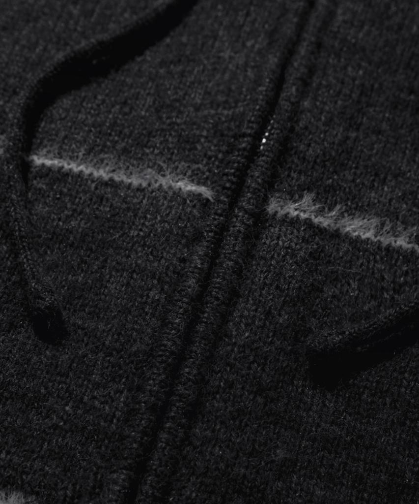 TRILLION Washable Wool Hairy Stripe Hooded Zip-Up Knit_Black