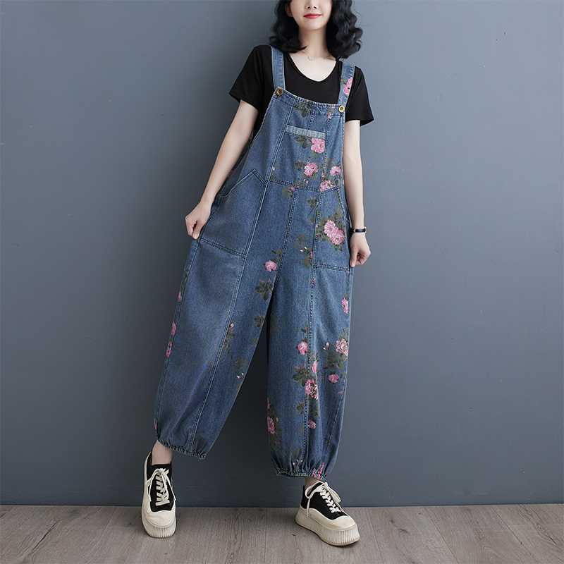 

Весенне-летние джинсовые комбинезоны в стиле ретро-вестерн свободного кроя с несколькими карманами, джинсовый комбинезон на кулиске для женщин S синий