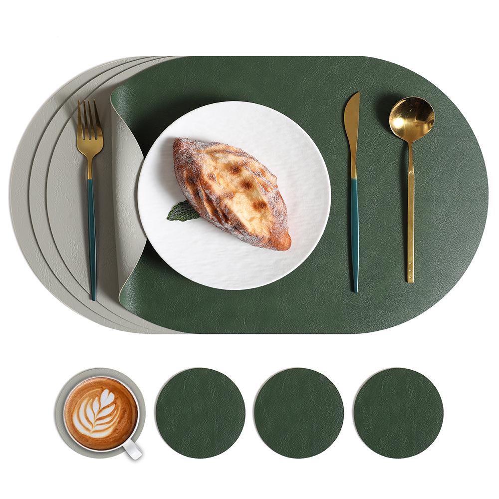 Nordic ins cowhide leather placemat two-color tableware oval dining table western food plate anti-scalding heat insulation pad waterproof
