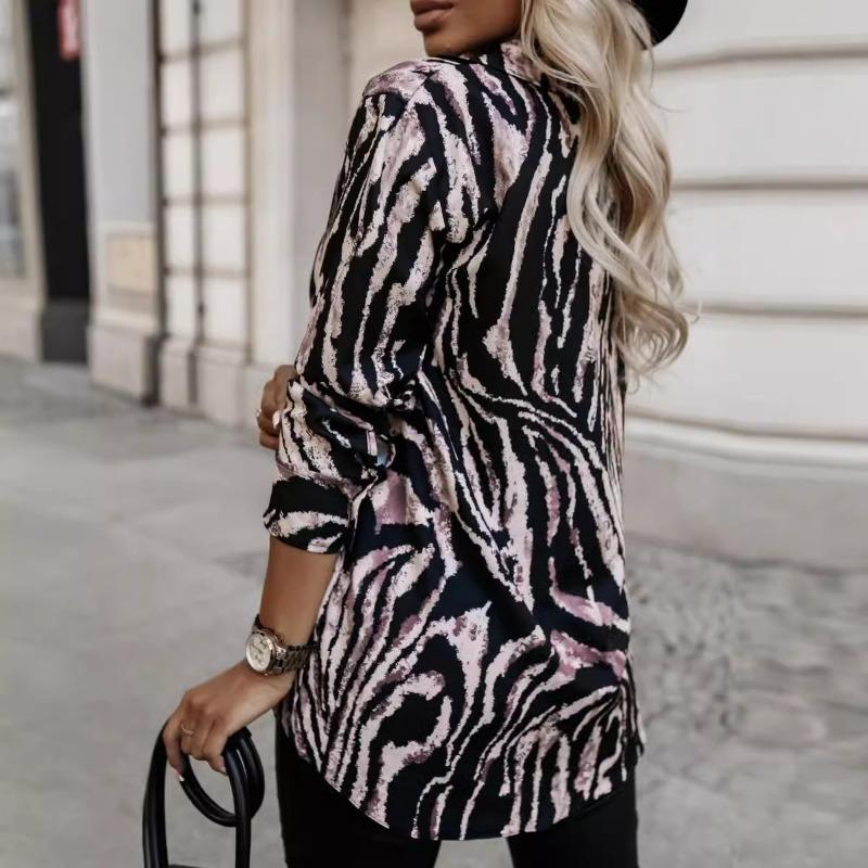 Zebra Print Women's Shirt Long-sleeved Lapel Shirt