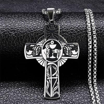 Chrétien Christ Eucharistie Auréole Jus de Raisin Croix Collier Acier Inoxydable Homme Femme Catholique Saint Esprit Église Chaîne Bijoux