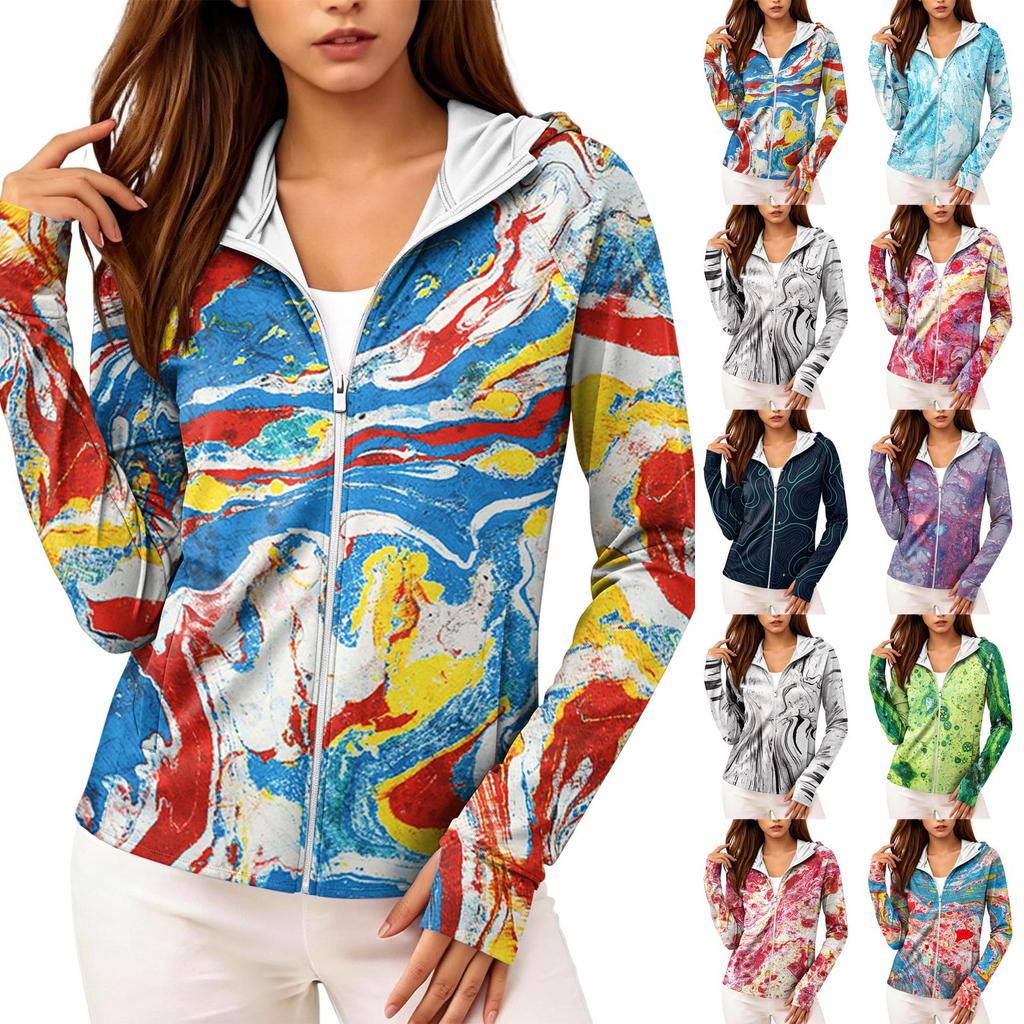 Damenmode Reißverschluss Kapuzenjacke Langarm mit Krawatten-Print & Taschen