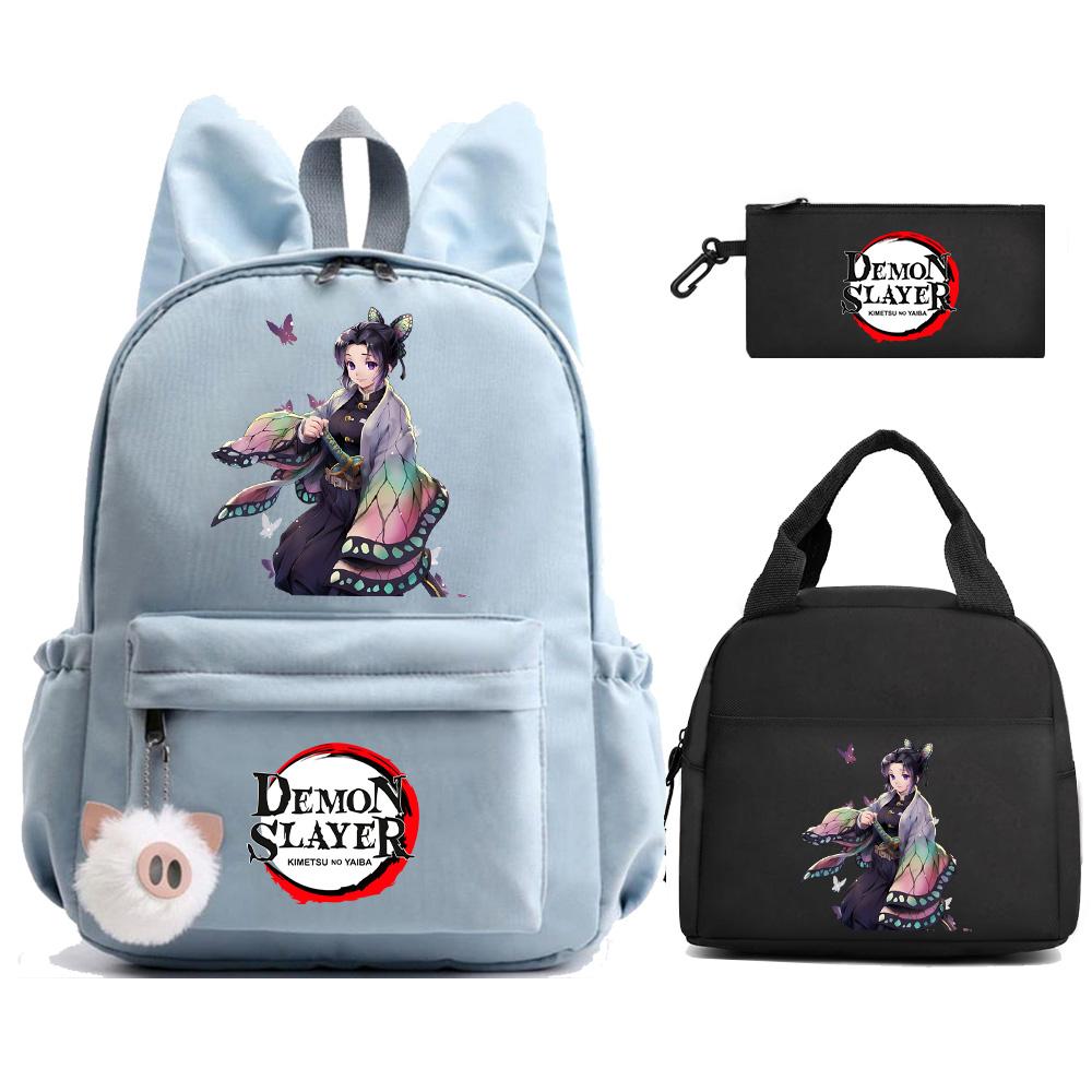 3 st/set Anime Demon Slayer Tryckt Ryggsäck Matlåda Pennfodral för Barn Elev Skolväska Dam Stor Kapacitet Vattentät Resväska Gåva