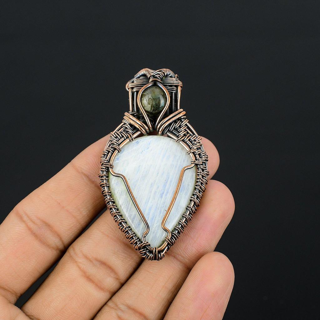 Selenite & Rainbow Moonstone Jewelry, Handmade Gemstone Pendant, 999 Copper Wire Wrapped Pendant Antique Jewelry, For Engagement Gift