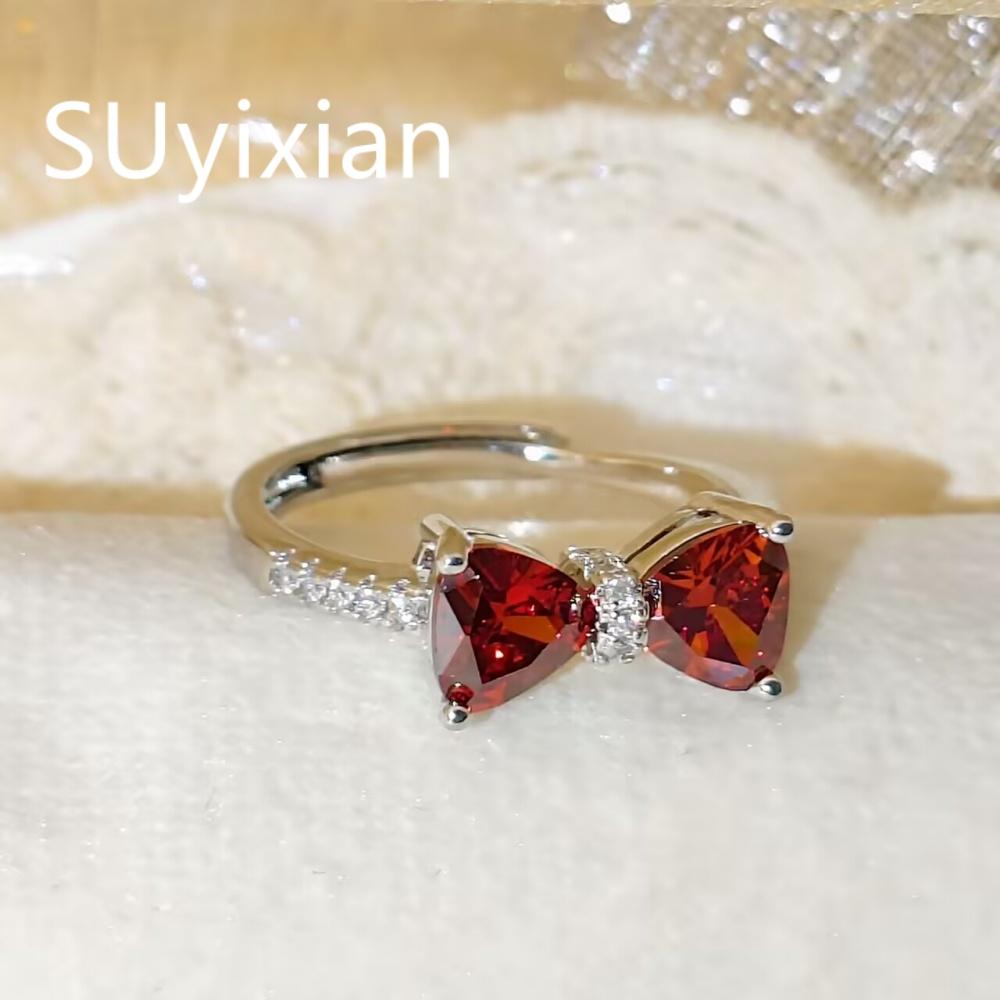 925 Sterling Silver Stylish Delicate Red Zircon Bow Ring, Birthday Party Anniversary Gift, Ladies Jewelry