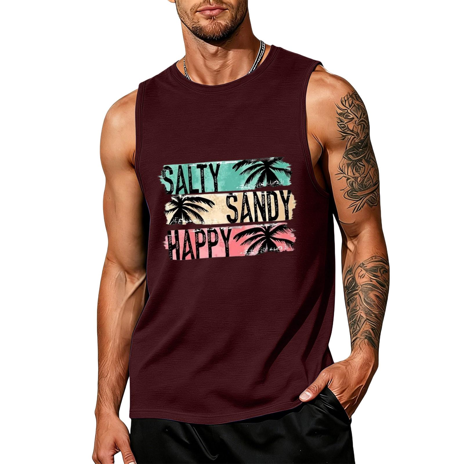 Men’s Sleeveless Tank Top Crew Neck Casual Fit with Happy Letter Print and Tree Graphic for Summer Beach Wear XL винный