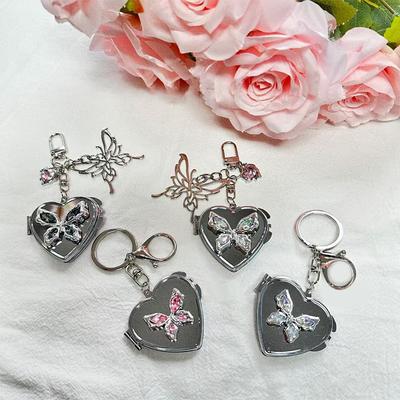 Süße Herzform Schmetterling Klappspiegel Schlüsselanhänger Y2K Trendy Metall Schlüsselanhänger Auto Schlüsselhalter Tasche Anhänger Dekoration Für Mädchen Geschenk