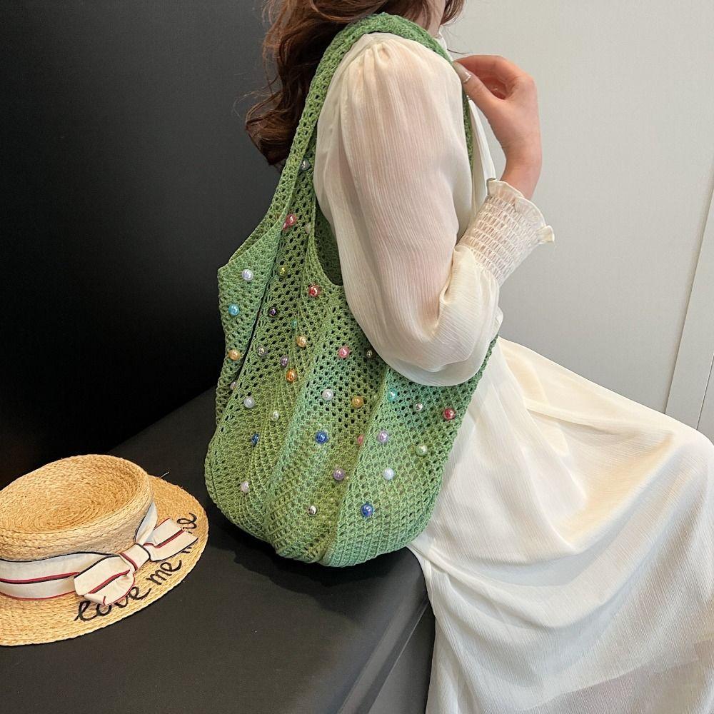 Casual Boho Crochet Beach Tote Bag Hollow with Colored Beads Knitted Bag Handmade Large Capacity Tote Bag