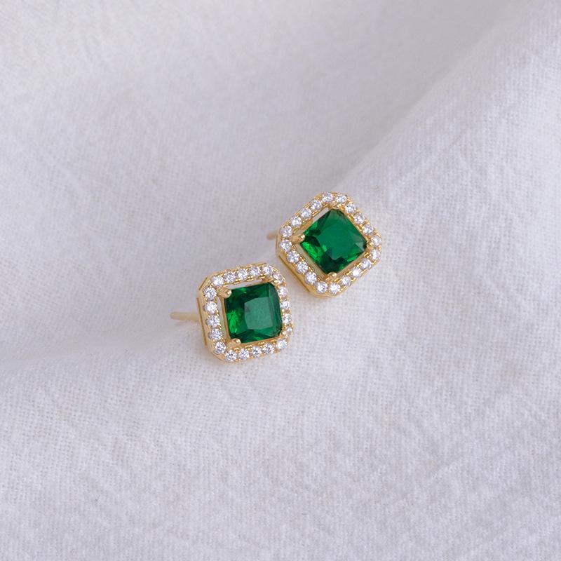 S925 Silver Retro Emerald Diamond Square Earrings - Women's Luxury Green Fashion Jewelry