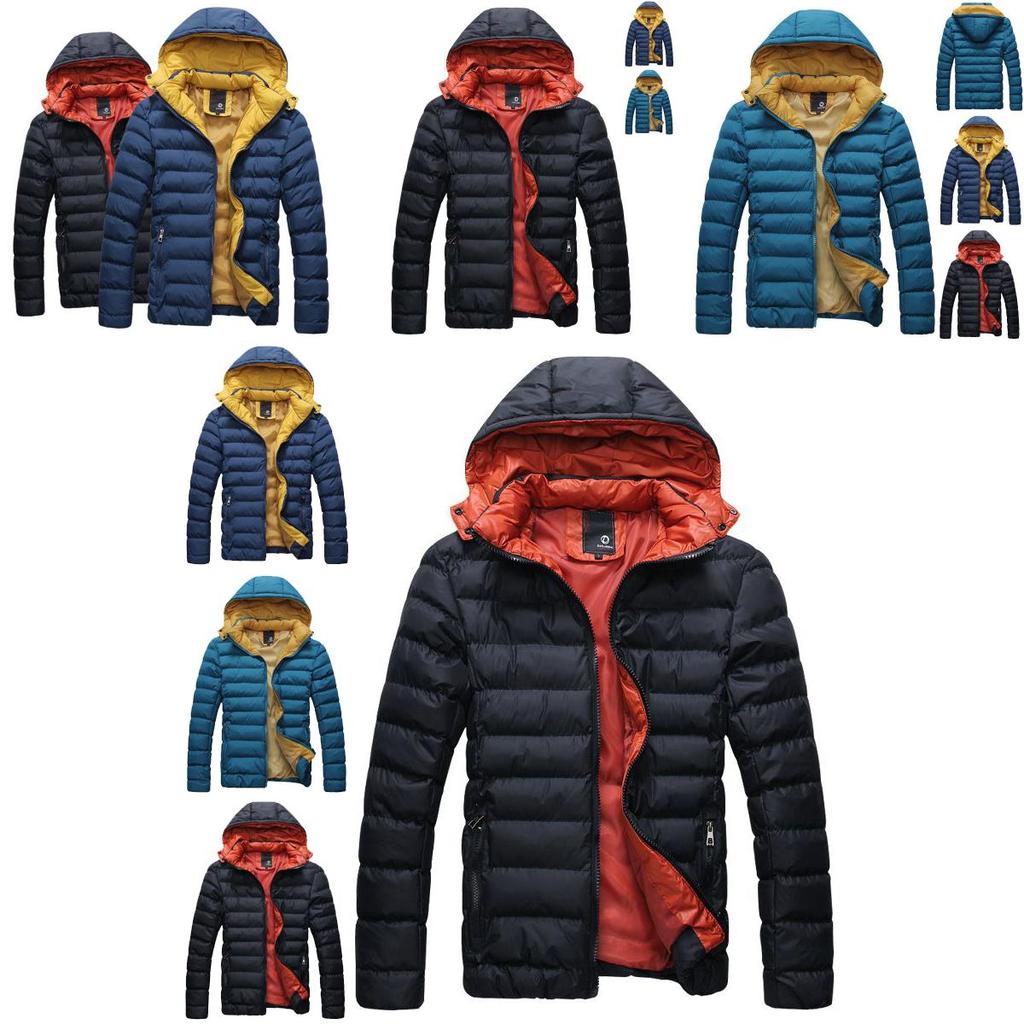 Men's Winter Warm Hooded Thick Padded Jacket With Stylish Stand Collar And Zipper Pockets