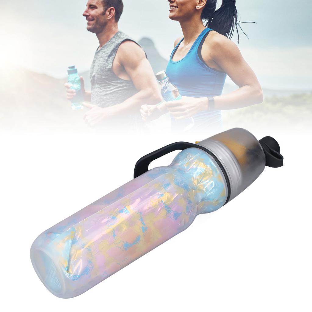 PE Misting Water Bottle Spray Mist Sports Water Bottle Reusable Cooling Drinking Bottle with Double Wall Insulation Carry Loop Yellow