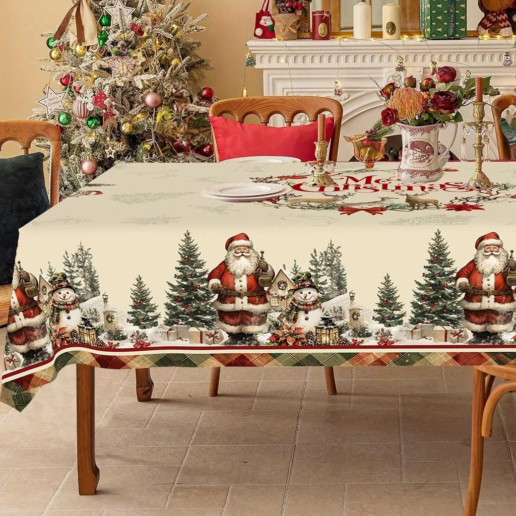 Rustic Tablecloth Santa Claus Snowman Pattern Vintage Table Cover Washable Dining Table Cloth for Home Living Room Interior Deco