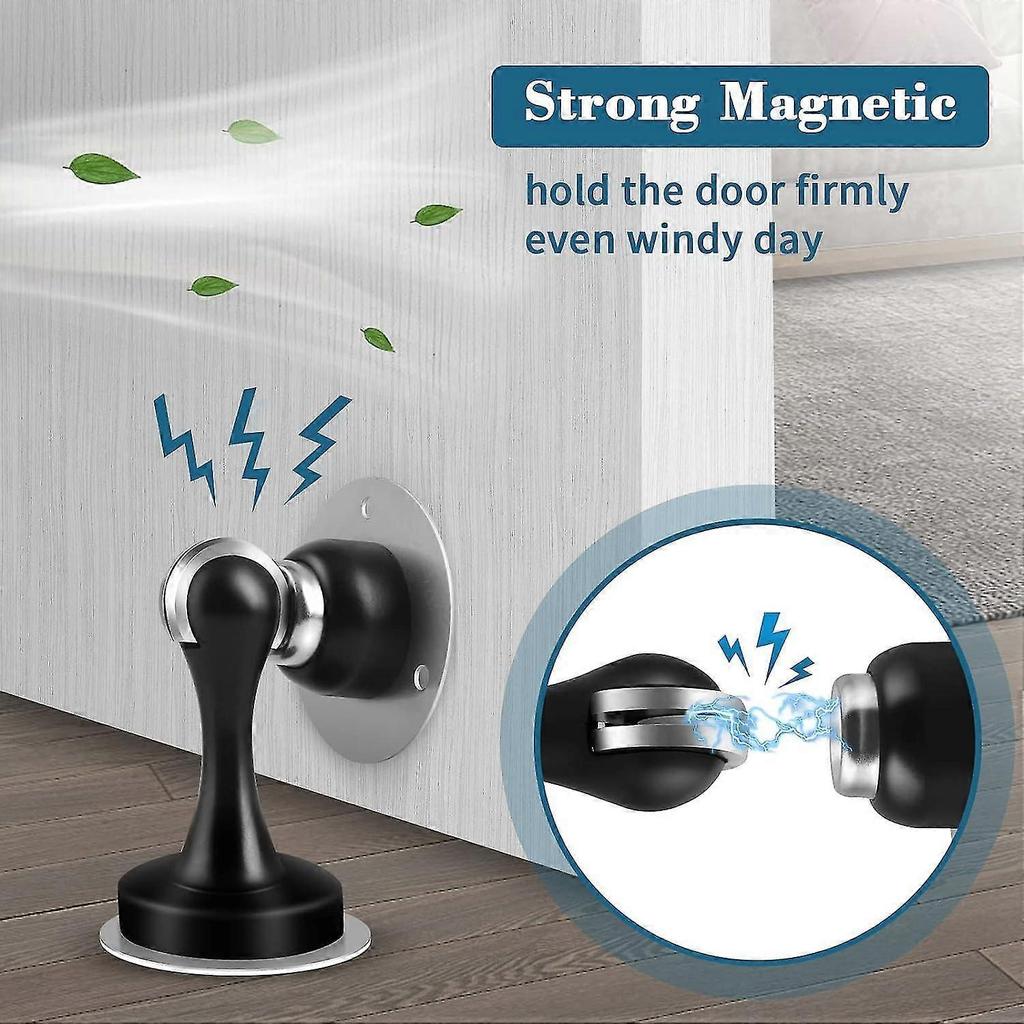 2-Pack Door Stoppers Black, Stainless Steel Magnetic Door Catch Heavy Duty Magnetic Door Stoppers with 3M Self-Adhesive Adhesive and Screws