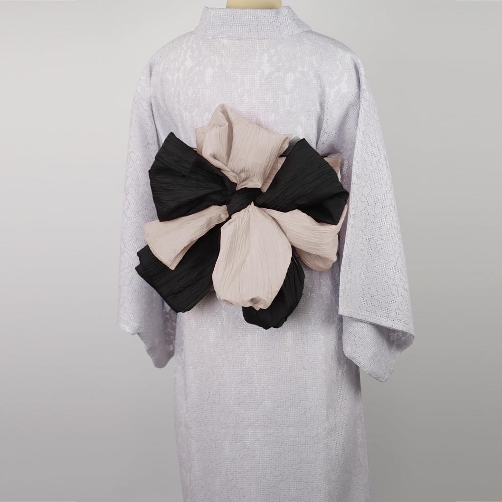 [TOuWA] Wrinkled Heiko Obi (Sash), Set of 2, Plain, Solid Color, for Adult Women's Yukata (Cream X Black)
