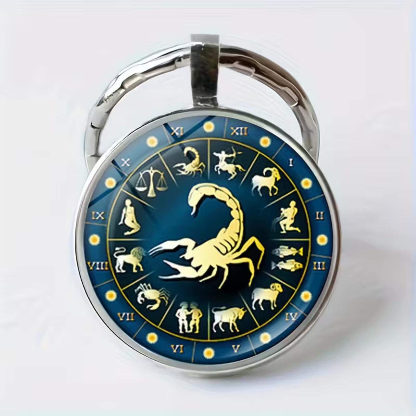 Zodiac Scorpio Keychain Pendant Time Gem Car Charm Accessory Round Metal Key Ring with Astrological Design Suitable for Daily Use and Gifts One Size синий