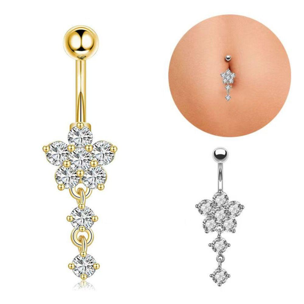 Rhinestone Flower Pendants Belly Button Ring Stainless Steel Body Piercing Jewelry Girls