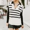 Women's Autumn and Winter Zipper Half-pallet Knitted Top Striped Lapel Contrasting Color Loose Fashionable Vest