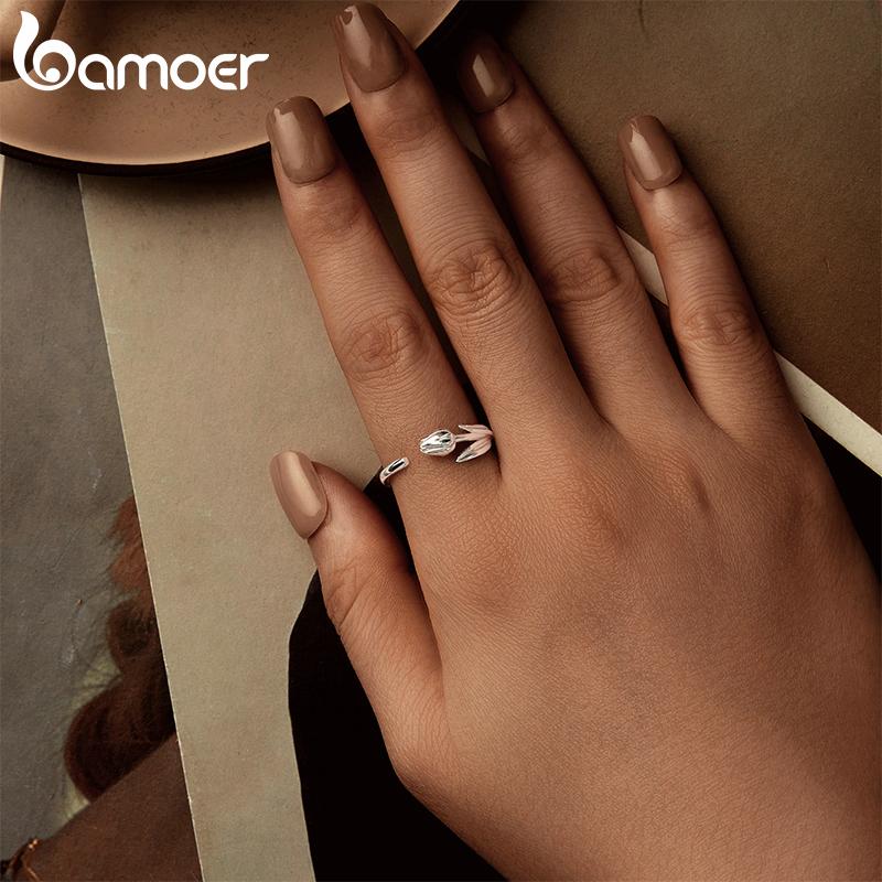 BAMOER Solid 925 Sterling Silver Adjustable Tulip Flower Rings Handmade High Polished Thumb Band Statement Ring for Women Girls Jewelry