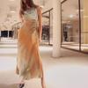 Spring New Arrival Elegant Elegance Draped Collar Ruched Decorative Tie-Dye Print Midi Skirt Dress 3031210